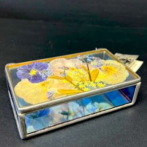 Handmade pressed flower blue glass and mirror jewelry  box by Margaret Tobin